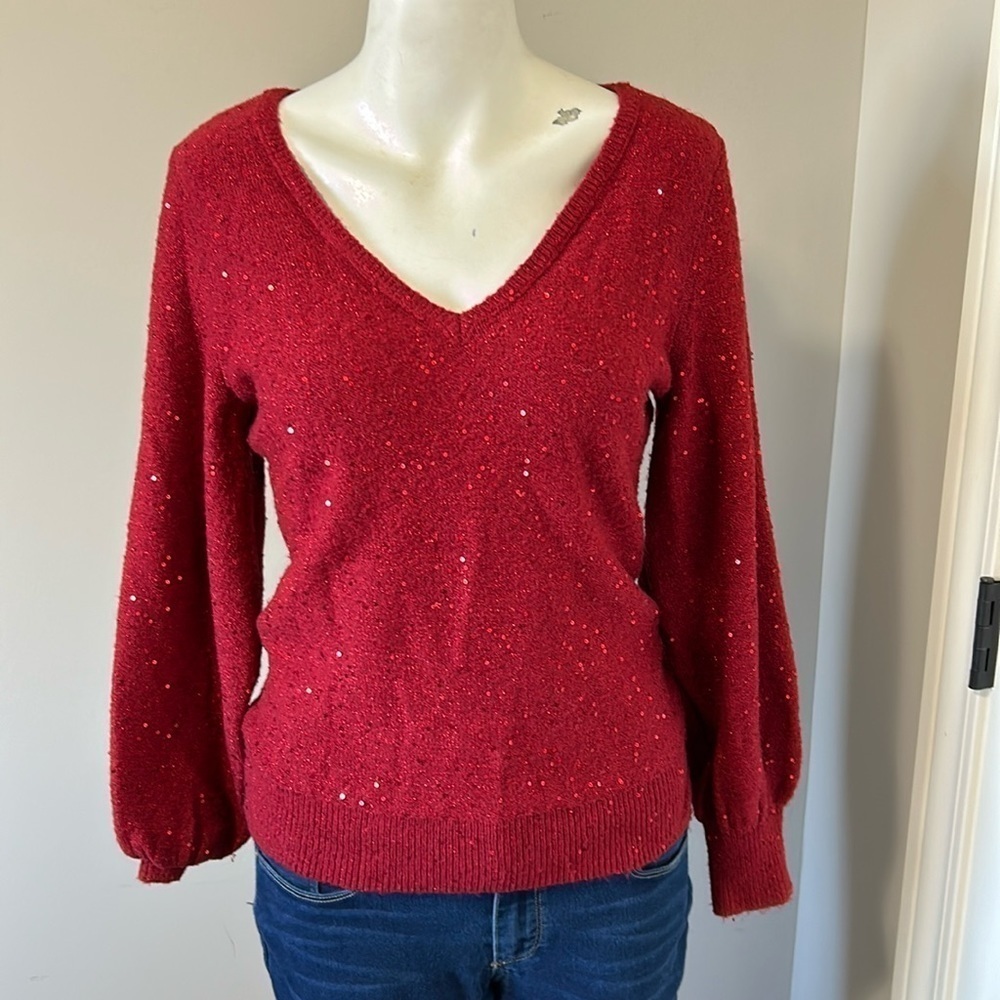 White House Black Market Sequin V-Neck Pullover Red Holiday Sz XS